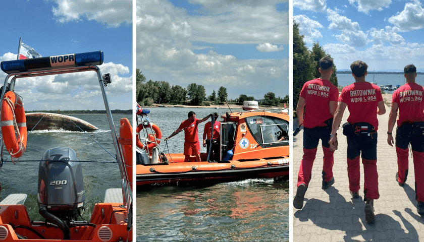 Po lewej łódź WOPR, a za nią przewrócona Omega, w środku łódź WOPR, po prawej trzech ratowników WOPR