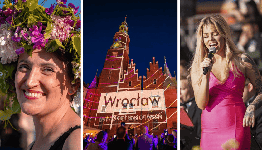 Z lewej uśmiechnięta uczestniczka Wrocławskiej Potańcówki w wianku, w środku video mapping na Ratuszu, z prawej wokalistka podczas koncertu na Bastionie Sakwowym