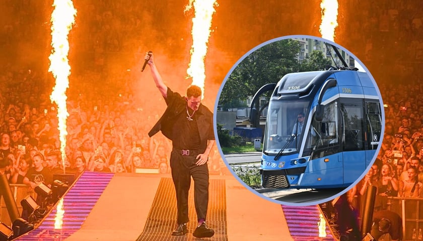 Na dużym zdjęciu Dawid Podsiadło na koncercie, we kółku tramwaj MPK 