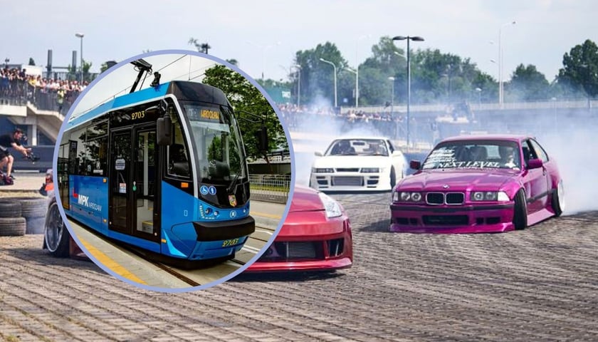 Duże zdjęcie przedstawia poprzednią edycję imprezy Ultrace. W kołku tramwaj MPK  