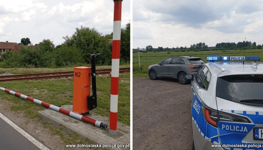 Uszkodzony szlaban kolejowy, radiowóz i samochód osobowy. Wrocławianka uszkodziła rogatki