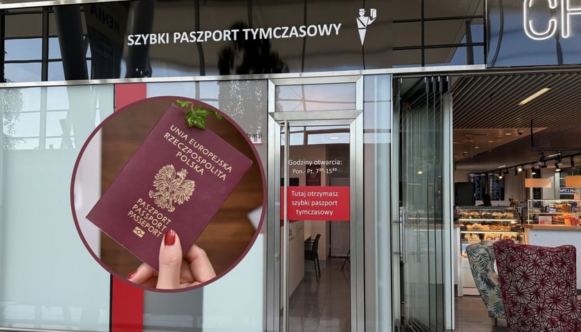 Witryna punktu paszportowego w terminalu lotniska we Wrocławiu, w kółku jest paszport