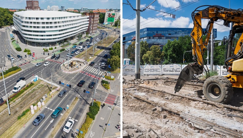 Zdjęcie z drona na remont torów na Oławskiej, obok koparka na ulicy