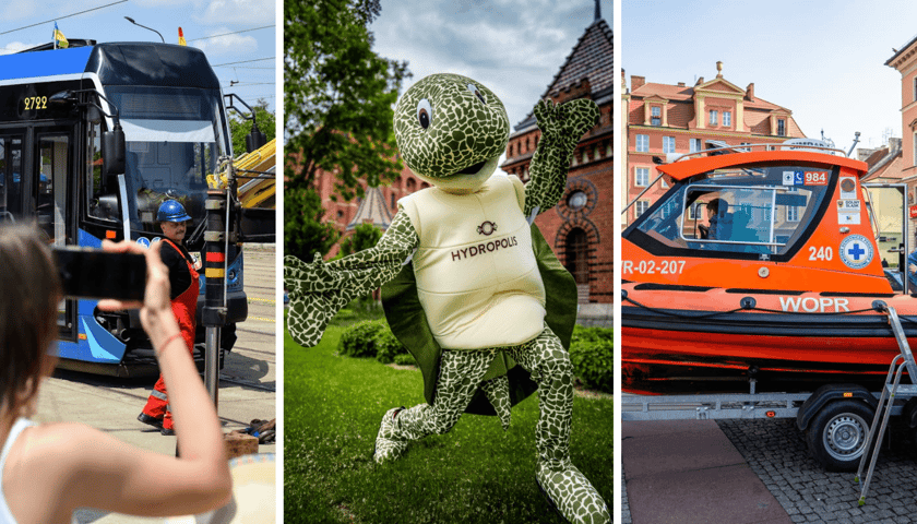 Z lewej tramwaj podczas dnia otwartego w zajezdni Borek, w środku żółwica Stefania, maskotka Hydropolis, z prawej czerwona łódź WOPR