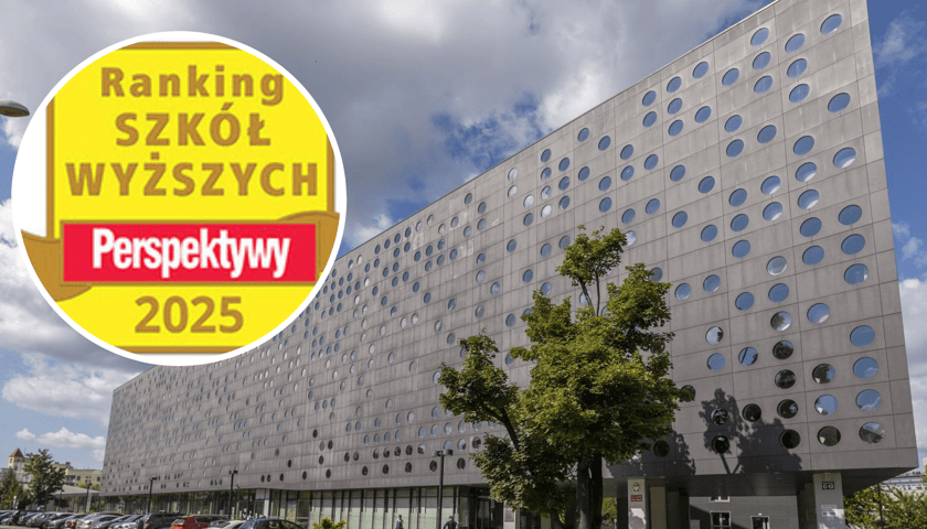 Gmach Politechniki Wrocławskiej, tzw. serowiec, w kółku z lewej logo z napisem Ranking szkół wyższych Perspektyw 2025.