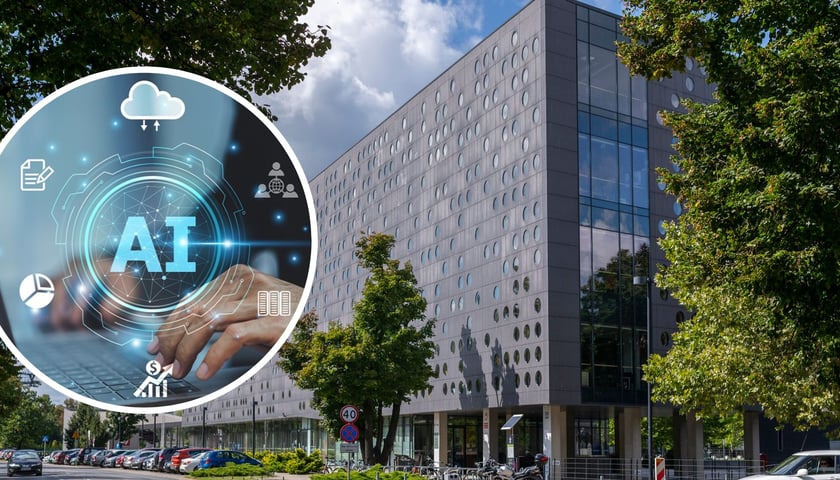 W tle budynek C-13 Politechniki Wrocławskiej, w kółku męskie dłonie na klawiaturze komputera i napis AI