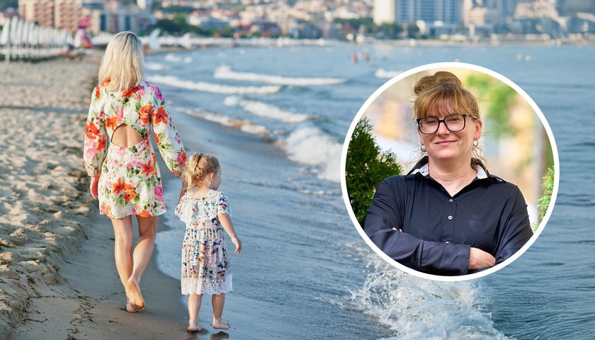 W tle: Kobieta idąca plażą z córeczką. W kółku: Marta Pankowska, miejska rzecznik konsumentów we Wrocławiu