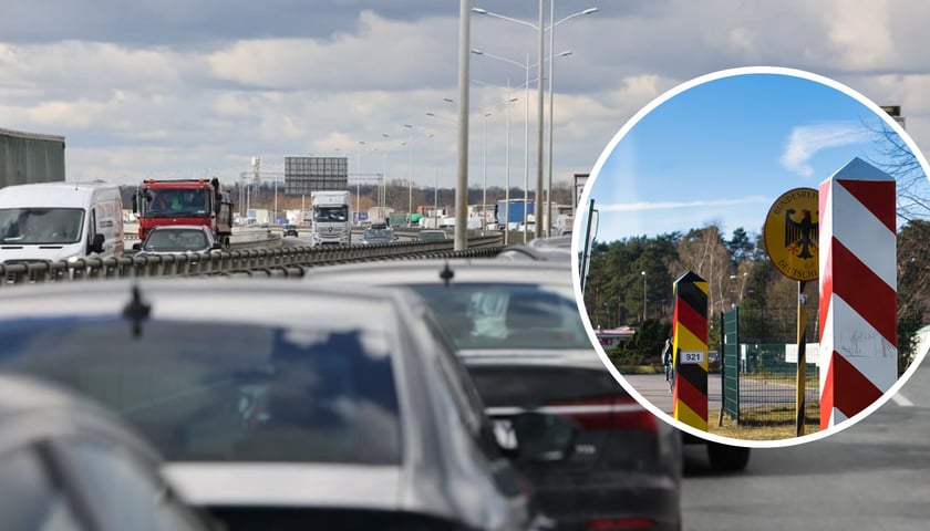 Duże zdjęcie – korek na AOW, zdj. ilustracyjne, małe zdjęcie – słupy graniczne na granicy polsko-niemieckiej