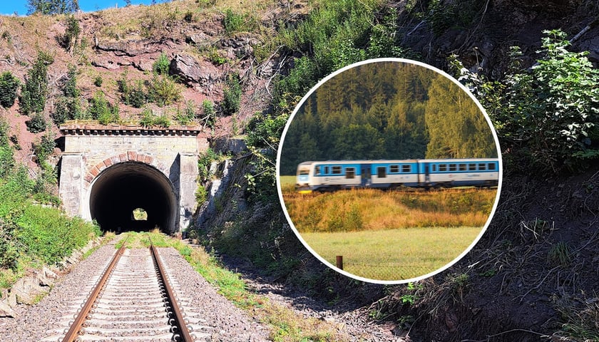 Tunel w Unisławiu Śląskim, w owalu pociąg czeskich kolei