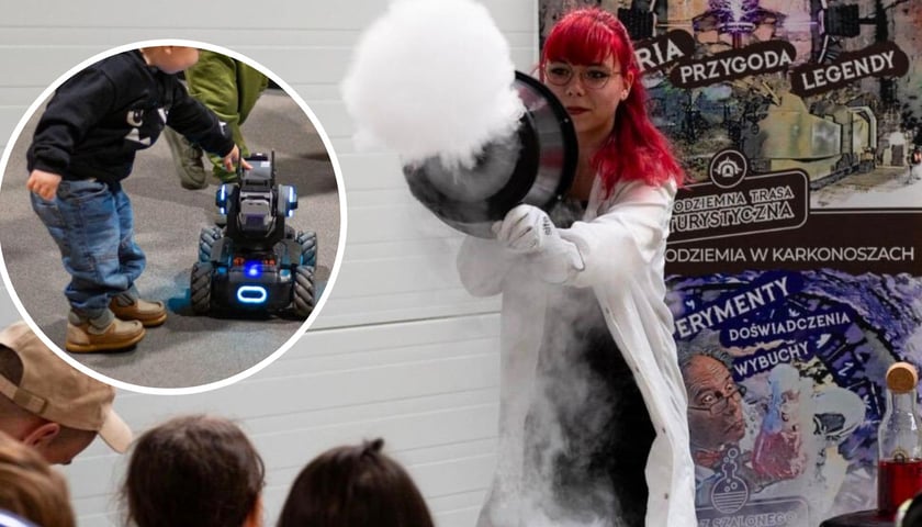W tle: kobieta wykonująca eksperyment chemiczny, w kółku: chłopiec z robotem