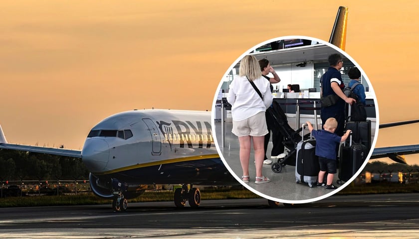 Na dużym zdjęciu samolot linii Ryanair na wrocławskim lotnisku. W kółku pasażerowie z bagażami czekający na odprawę 
