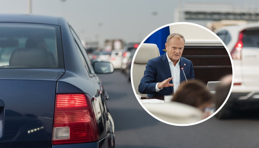 Na dużym zdjęciu samochodowy korek; na małym, w kółku premier Donald Tusk podczas posiedzenia Rady Ministrów 