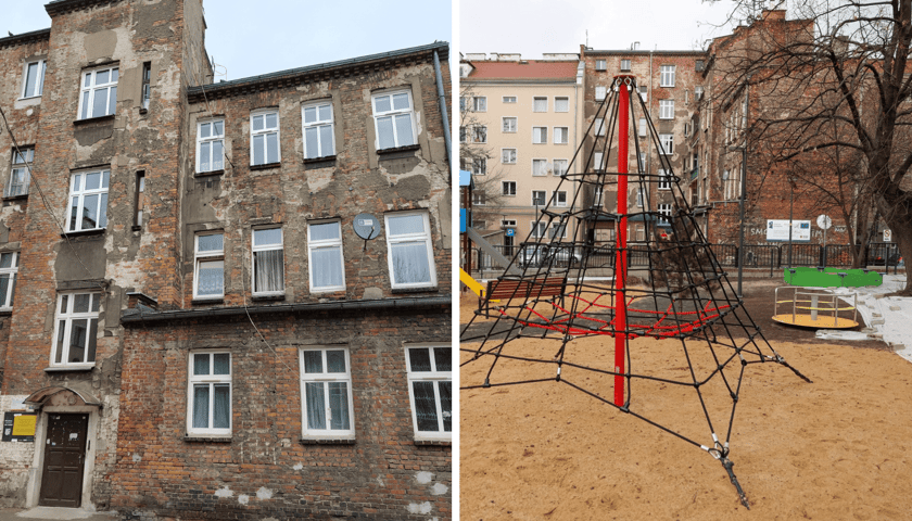 Z lewej budynek do remontu, z prawej wyremontowane podwórko - ten sam budynek w tle
