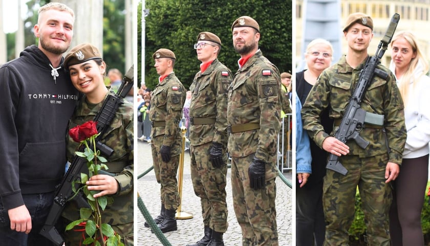 Kobiety i mężczyźni w woskowych mundurach i cywilnych ubraniach. Uroczysta przysięga żołnierzy 16. Dolnośląskiej Brygady Obrony Terytorialnej, 12 lipca 2025 r. 