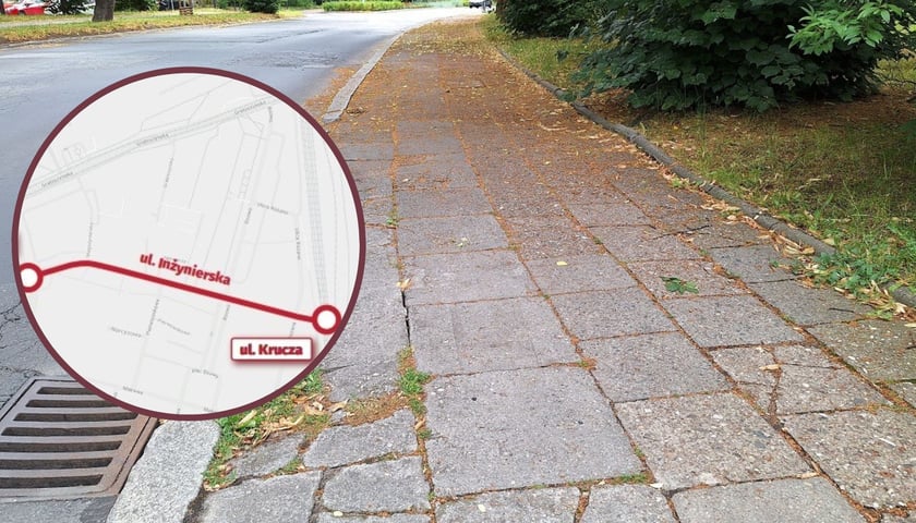 Chodnik przeznaczony do remontu, w kółku mapka obrazująca fragment objęty pracami