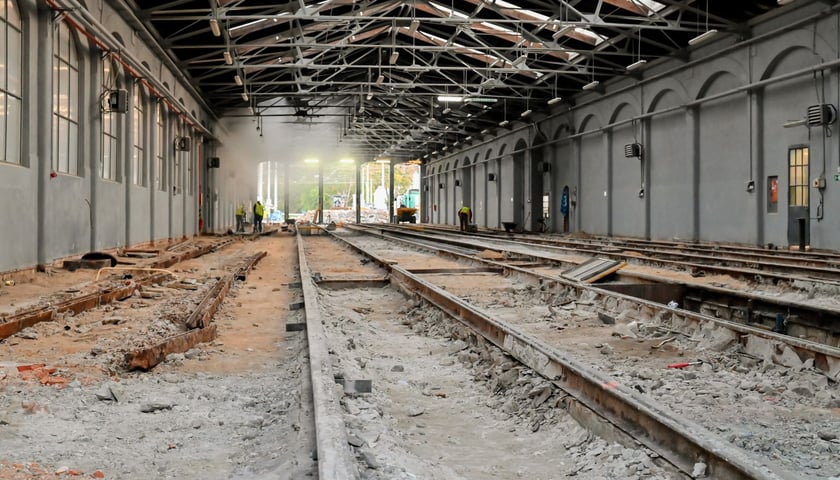 Zdjęcie archiwalne z 2022 roku przedstawia remont hali nr 2 na zajezdni Gaj. Teraz do remontu idzie hala nr 1 