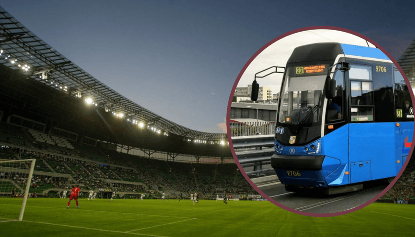 Na dużym zdjęciu stadion Tarczyński Arena, na małym tramwaj MPK 