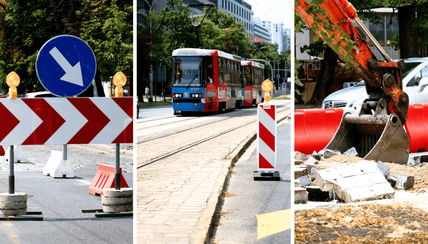 Kolaż 3 zdjęć przedstawiających remont ul. Powstańców Śląskich we Wrocławiu