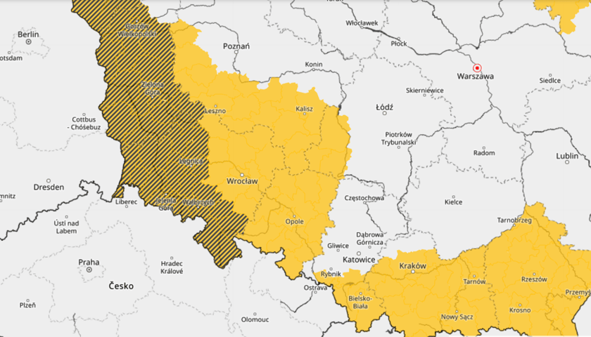 <p>Mapa ostrzeżeń IMGW przed burzami, 16.07.2025</p>