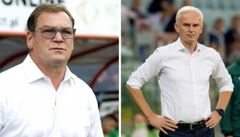 Z lewej Jan Urban, z prawej Jacek Magiera, byli trenerzy Śląska Wrocław, obecnie pierwszy i drugi trener reprezentacji Polski