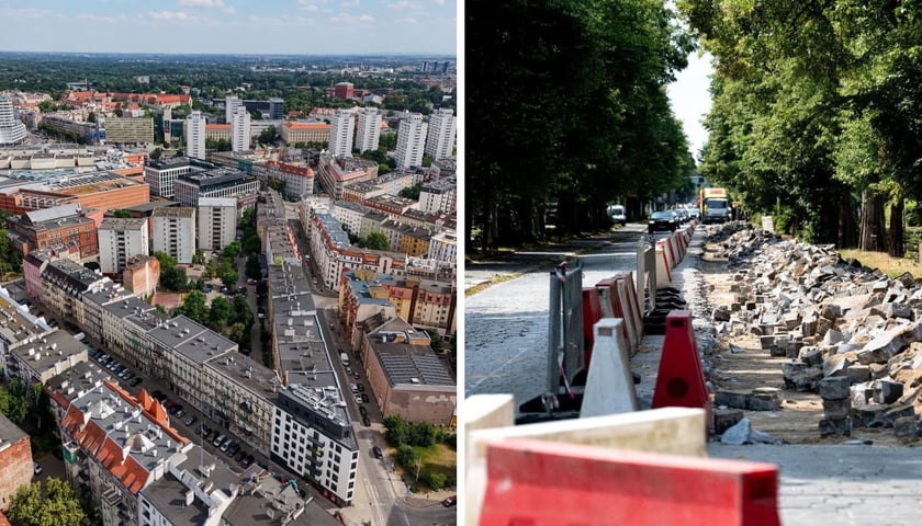 Na zdjęciu z lewej panorama Wrocławia z widokiem na kamienice przy ul. Grunwaldzkiej, z prawej remont Powstańców Śląskich