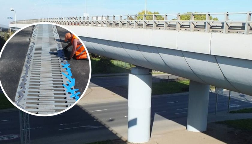 Na dużym zdjęciu estakada Gądowianka, na małym zdjęciu w kółku planowana do montażu nowa dylatacja