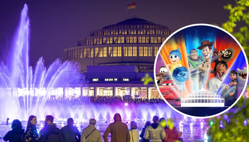 Na dużym zdjęciu pokaz Fontanny Multimedialnej z Halą Stulecia w tle, na małym zdjęciu w kółku bohaterowie animacji studia Pixar