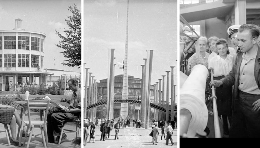 Kolaż 3 archiwalnych zdjęć dotyczących wystawy Ziem Odzyskanych, która odbyła się w 1948 roku we Wrocławiu