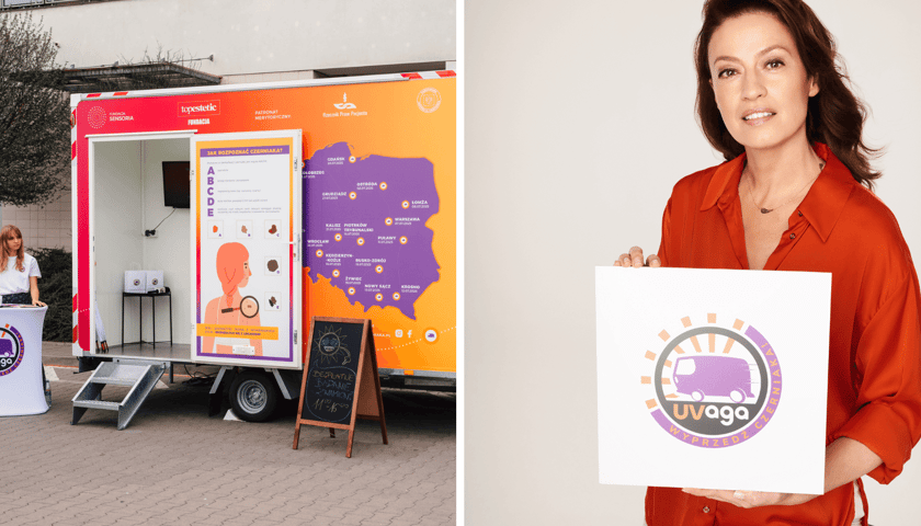 Zestawienie dwóch zdjęć: z lewej mobilny punkt badań skóry, z prawej Magdalena Różczka, ambasadorka akcji 