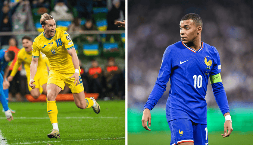 Z lewej w żółtym stroju piłkarz reprezentacji Ukrainy Mychajło Mudryk, z prawej w niebieskim stroju - gwiazda reprezentacji Francji - Kylian Mbappé