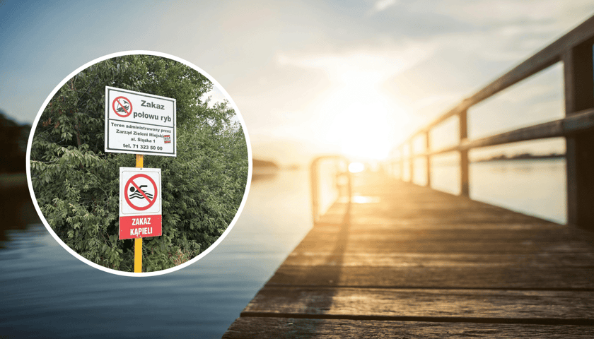 Pomost z wodą i zachodem słońca w tle, w kółku zakaz kąpieli