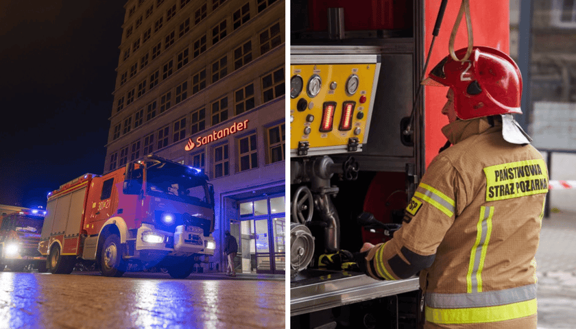 Zestawienie dwóch zdjęć: z lewej wóz straży pożarnej nocą, obok strażak