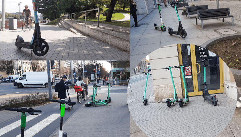 Kompilacja zdjęć ze źle zaparkowanymi hulajnogami elektrycznymi na wynajem