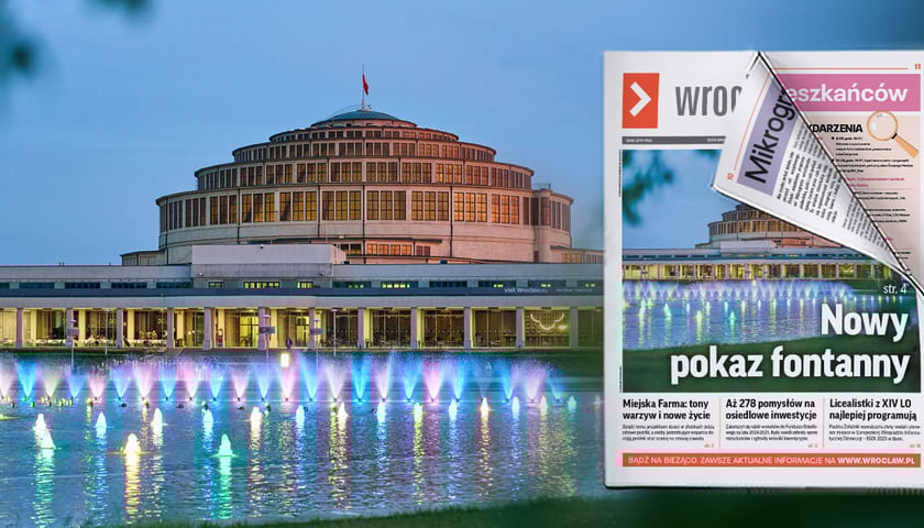 Pokaz fontanny multimedialnej, w tle Hala Stulecia.