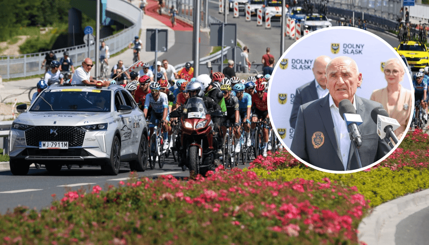 Peleton Tour de Pologne  2024, z prawej w kółku Czesław Lang, dyrektor generalny wyścigu