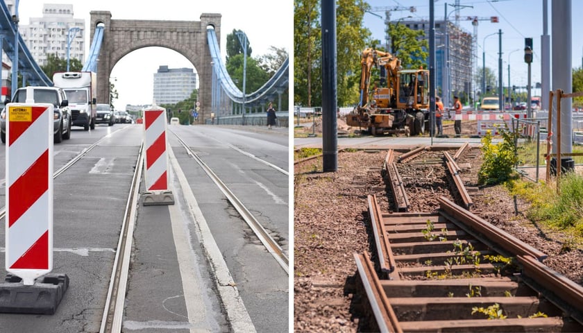 Po lewej: prace MPWiK na moście Grunwaldzkim, po prawej: remont torowiska przy ul. Bardzkiej
