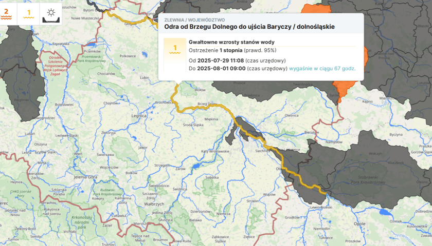 <p>Mapa przedstawiająca ostrzeżenia hydrologiczne do 01.08</p>