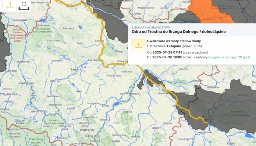 <p>Mapa przedstawiająca ostrzeżenia hydrologiczne do 30.07</p>
