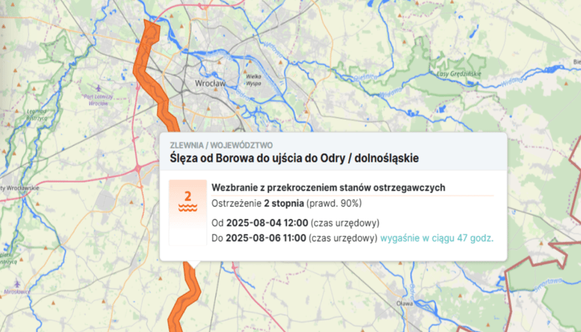 <p>Mapa przedstawiająca ostrzeżenia hydrologiczne dla Wrocławia</p>