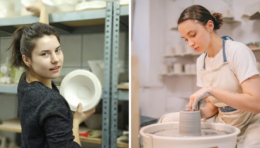 Z lewej: kobieta z ceramicznym naczyniem w pracowni ceramiczna Starej Piekarni prowadzonej przez Fundację Znacznie Więcej. Z prawej: kobieta pracująca na kole garncarskim w pracowni ceramicznej Zakwas Studio.