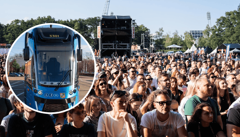 Zdjęcie archiwalne z Męskiego Grania 2024 - publiczność, w kółku z lewej tramwaj