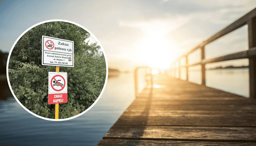 Pomost z wodą i zachodem słońca w tle, w kółku zakaz kąpieli