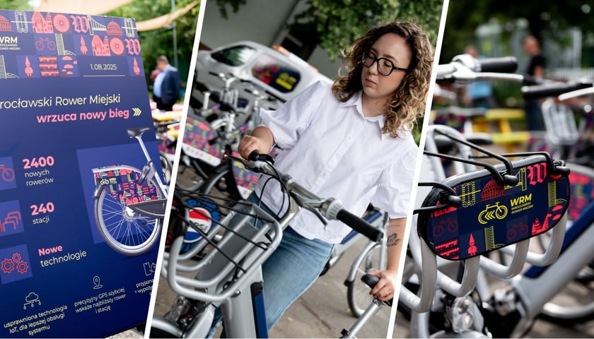 Zdjęcie planszy z liczbami WRM | Kobieta trzymająca kierownicę nowego roweru miejskiego | grafika na nowym rowerze