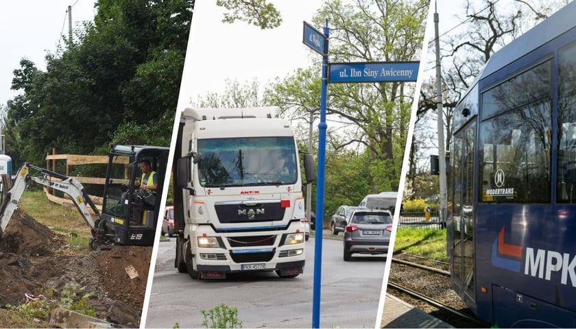 Koparka na budowie torów na Przyjaźni | ciężarówka na skrzyżowaniu na Oporowie do przebudowy | tramwaj 17 na pętli Klecina