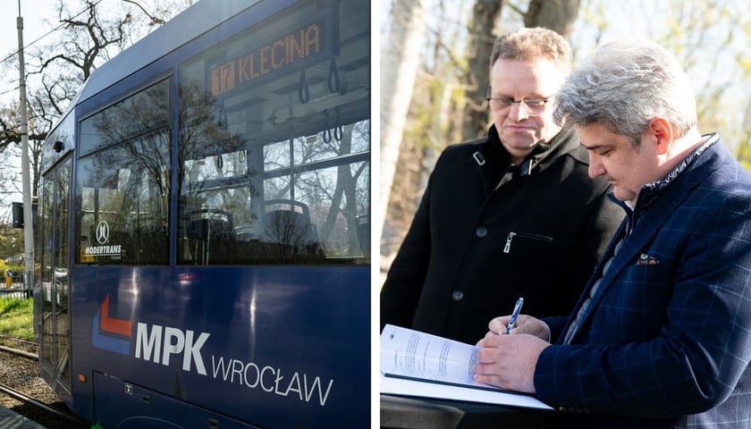 <p class="MsoNormal">Po lewej: tramwaj stojący na pętli Klecina, po prawej: prezesi Dolnośląskiej Pracowni Projektowej i Wrocławskich Inwestycji podpisują umowę</p>
