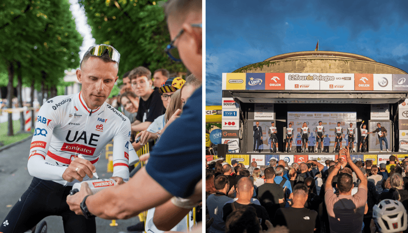 Zestawienie dwóch zdjęć: z lewej Rafał Majka, z prawej tłum przed sceną koło Hali Stulecia podczas prezentacji drużyn TdP