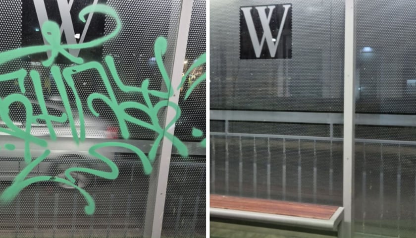 Po lewej: graffiti na przystanku, po prawej: przystanek po usunięciu graffiti