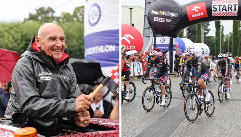 Start 82. Tour de Pologne spod Hali Stulecia. Na lewym zdjęciu Czesław Lang, na prawym startujący peleton 