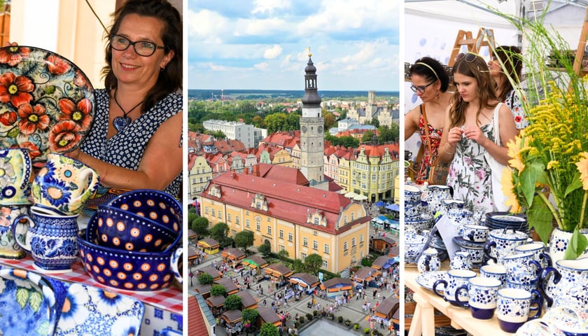 Na zdjęciach z prawej i z lewej stoiska z ceramiką bolesławiecką, w środku zdjęcie rynku w Bolesławcu z lotu ptaka podczas święta 