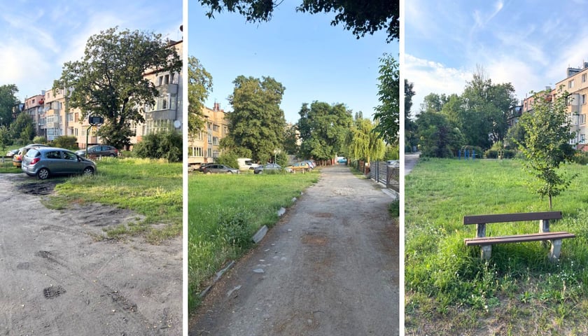 Wnętrze podwórzowe w kwartale ulic Klimasa, Gazowej, Tarnogajskiej i Kamienieckiej na Tarnogaju, kolaż trzech zdjęć.